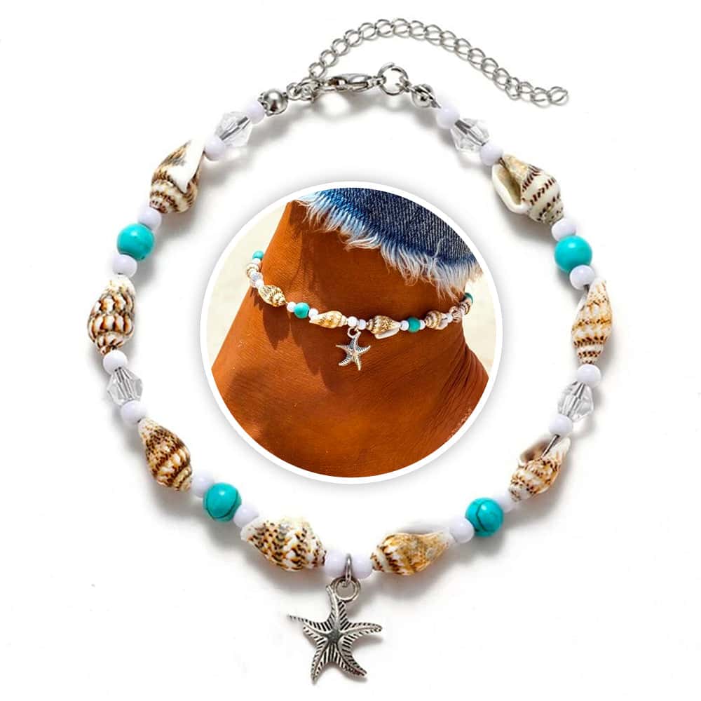 Pulseira De Pé Canário Pequeno, Pérolas E Estrela-Do-Mar