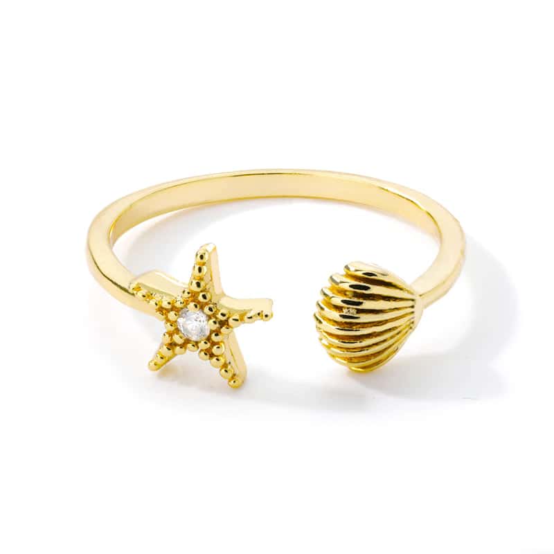 Anel Concha Estrela Do Mar De Ouro E Pérola Embutida
