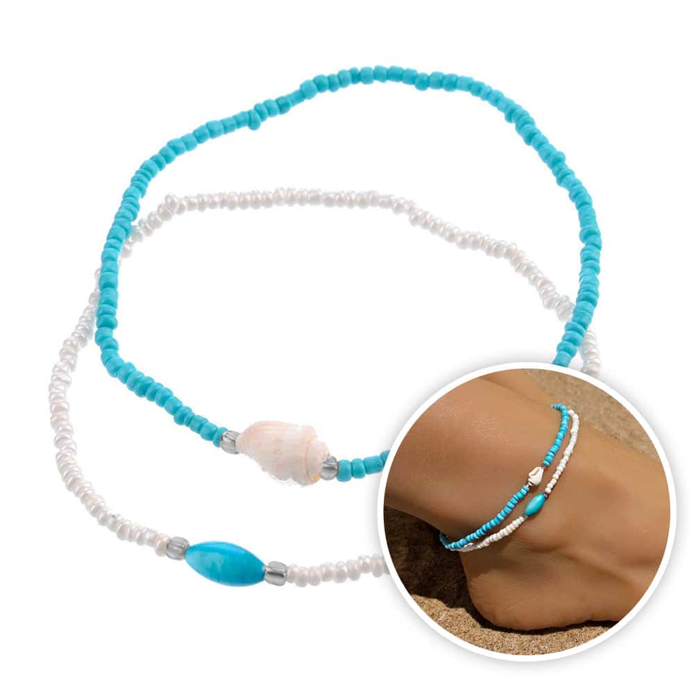 Pulseira De Pé Pérolas Brancas E Azuis