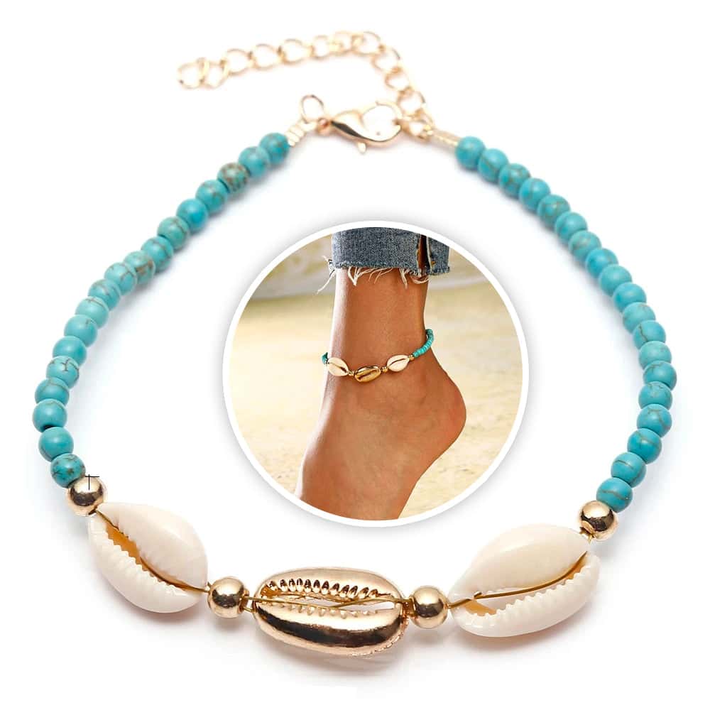 Pulseira De Pé Cauris E Pérolas Azuis