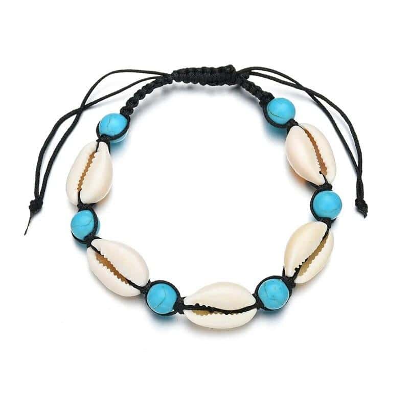 Pulseira De Concha Cauri, Pérolas Azuis E Cordão Preto