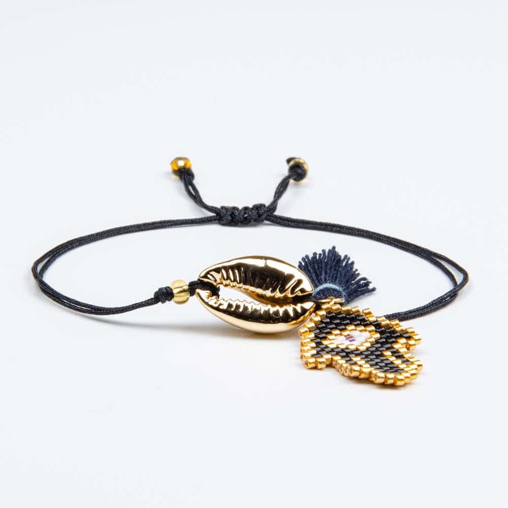 Pulseira De Concha Búzio De Ouro Mão De Fátima Azul Noite