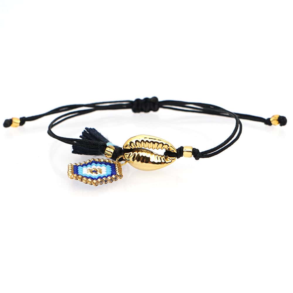 Pulseira De Concha Cauri Dourado E Olho Azul