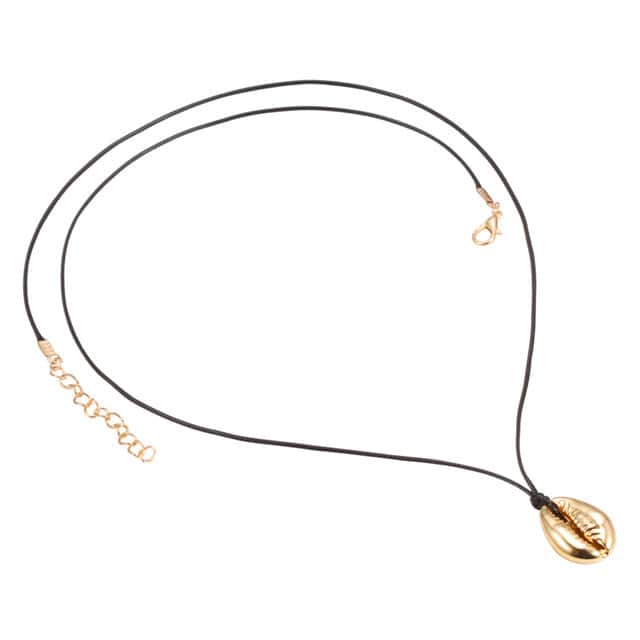 Colar De Concha Cauri Dourado Com Cordão Preto