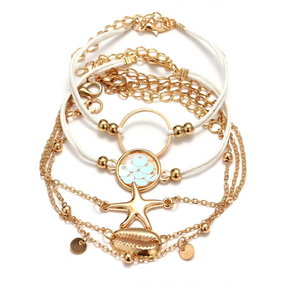 Pulseira De Concha Múltiplo Com Cauri, Estrela-Do-Mar E Escamas