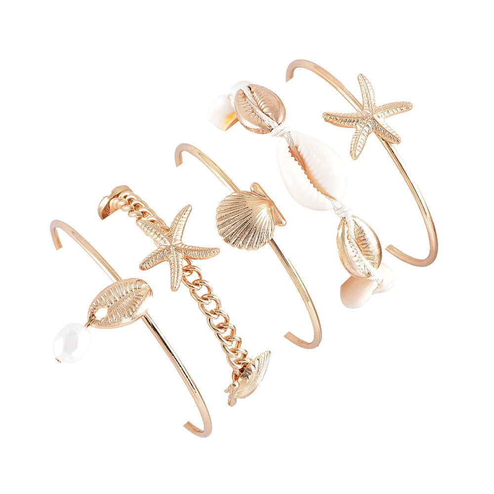 Pulseira De Concha Múltiplo De 5 Peças, Pérolas, Cauri E Estrela-Do-Mar