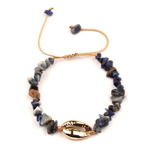 Pulseira De Concha Cauri Dourado E Pedras Escuras
