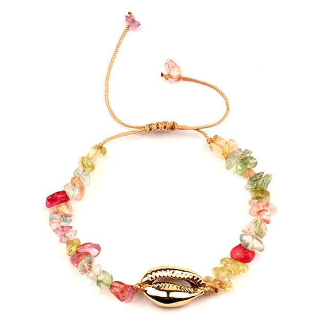 Pulseira De Concha Cauri Dourado E Pedras Multicoloridas