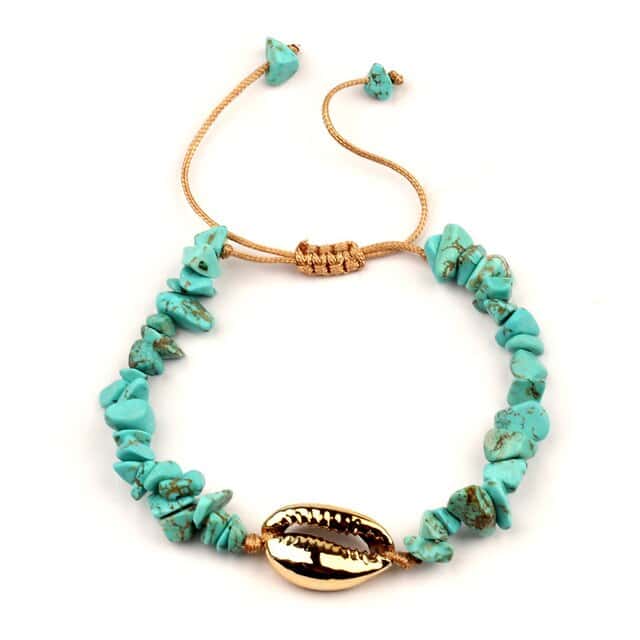 Pulseira De Concha Cauri Dourado E Pedras Turquesa