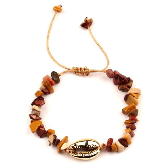 Pulseira De Concha Cauri Dourado E Pedras Marrons