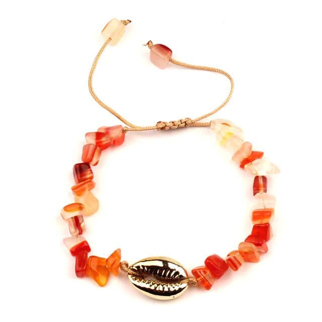 Pulseira De Concha Cauri Dourado E Pedras Vermelhas