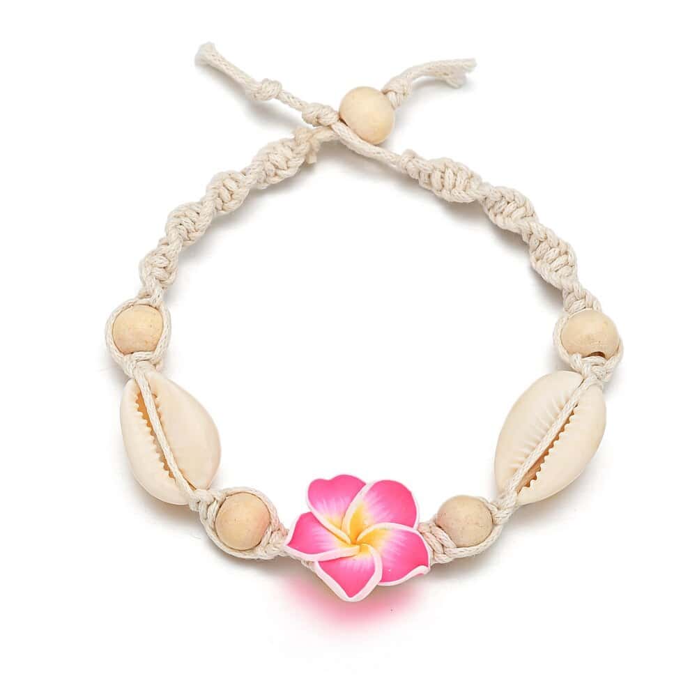 Pulseira De Pé Cauri Branco E Flor Rosa