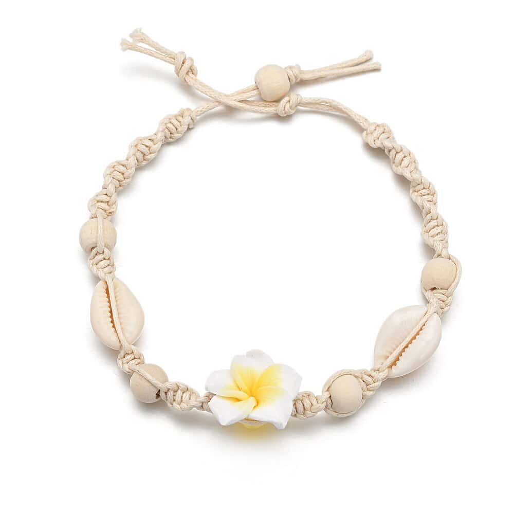Pulseira De Pé Cauri Branco E Flor Amarela