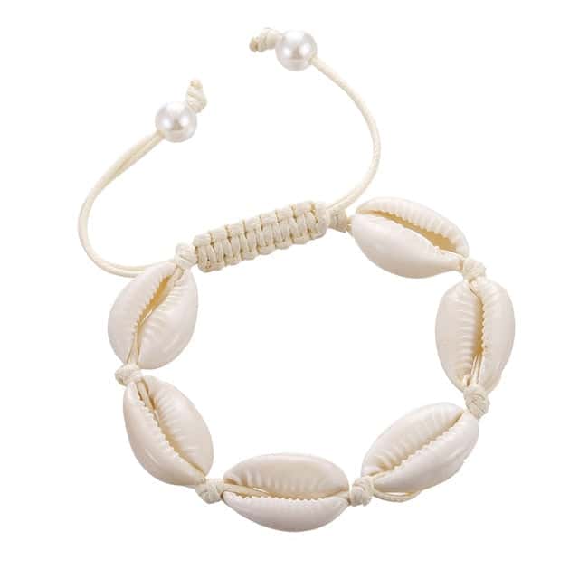 Pulseira De Concha Cauri Branco E Cordão Branco