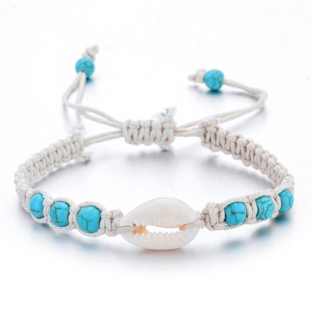 Pulseira De Concha Cauri Branco E Pérolas Azuis
