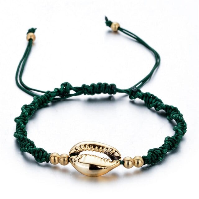 Pulseira De Concha Cauri Dourado E Cordão Verde