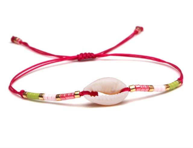 Pulseira De Concha Cauri Cordão Rosa