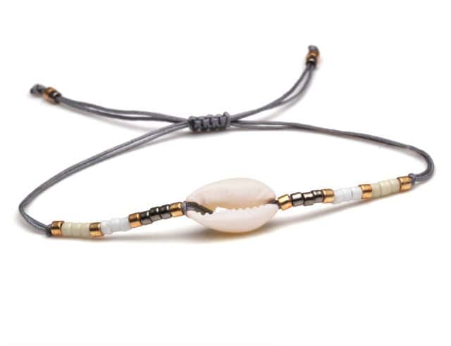 Pulseira De Concha Cauri Cordão Cinza