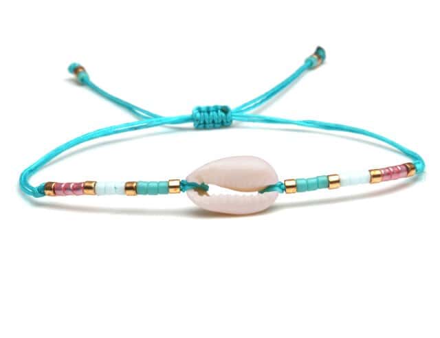 Pulseira De Concha Cauri Cordão Turquesa