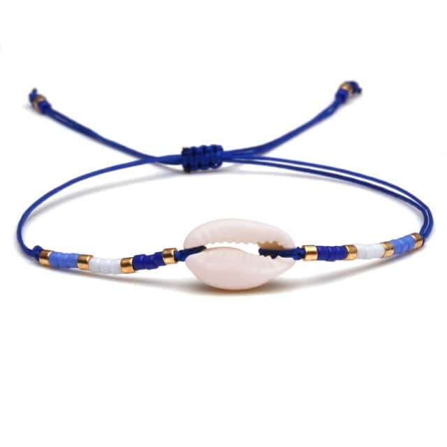 Pulseira De Concha Cauri Cordão Azul