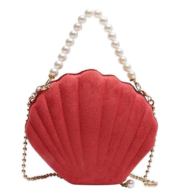Bolsa Em Formato De Concha Vermelho E Pérolas Brancas