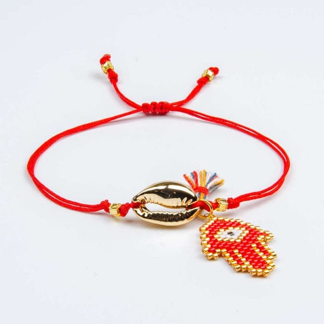 Pulseira De Concha Búzio De Ouro Mão De Fátima Vermelho