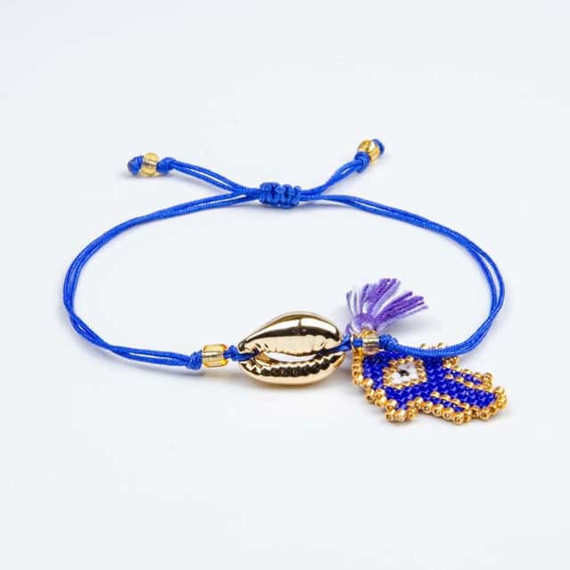 Pulseira De Concha Búzio De Ouro Mão De Fátima Azul