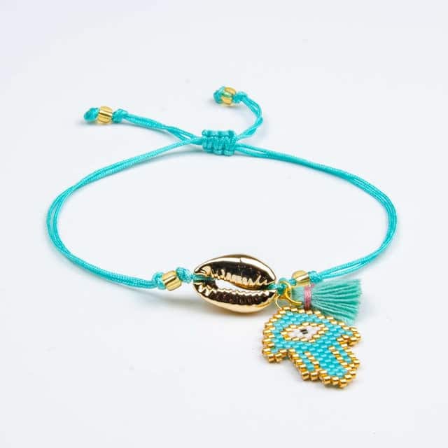 Pulseira De Concha Búzio De Ouro Mão De Fátima Turquesa
