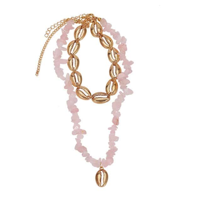Colar De Concha Cauri Dourados E Contas Rosa