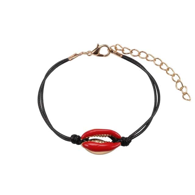 Pulseira De Concha Búzio Vermelho Cordão Preto