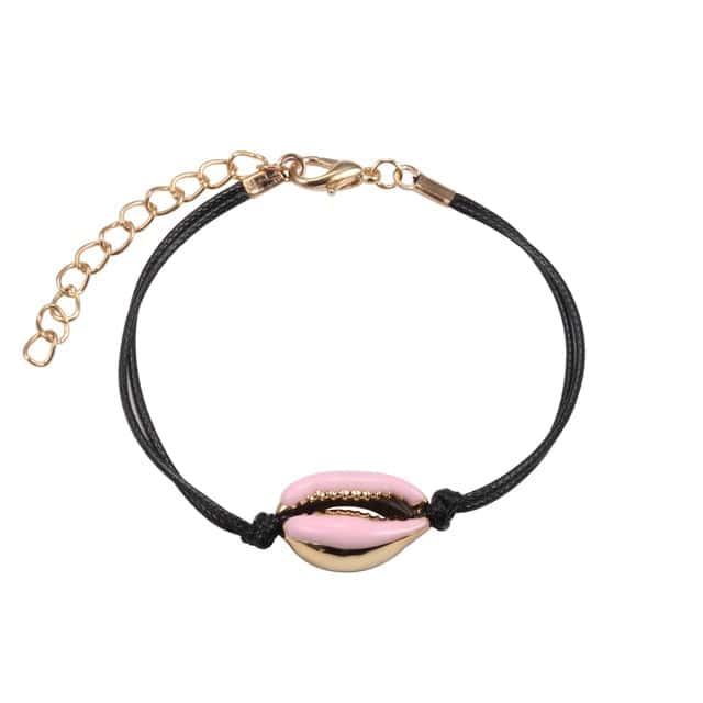 Pulseira De Concha Búzio Rosa Claro Cordão Preto