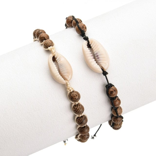 Pulseira De Concha Duplo Búzio E Pérolas De Madeira